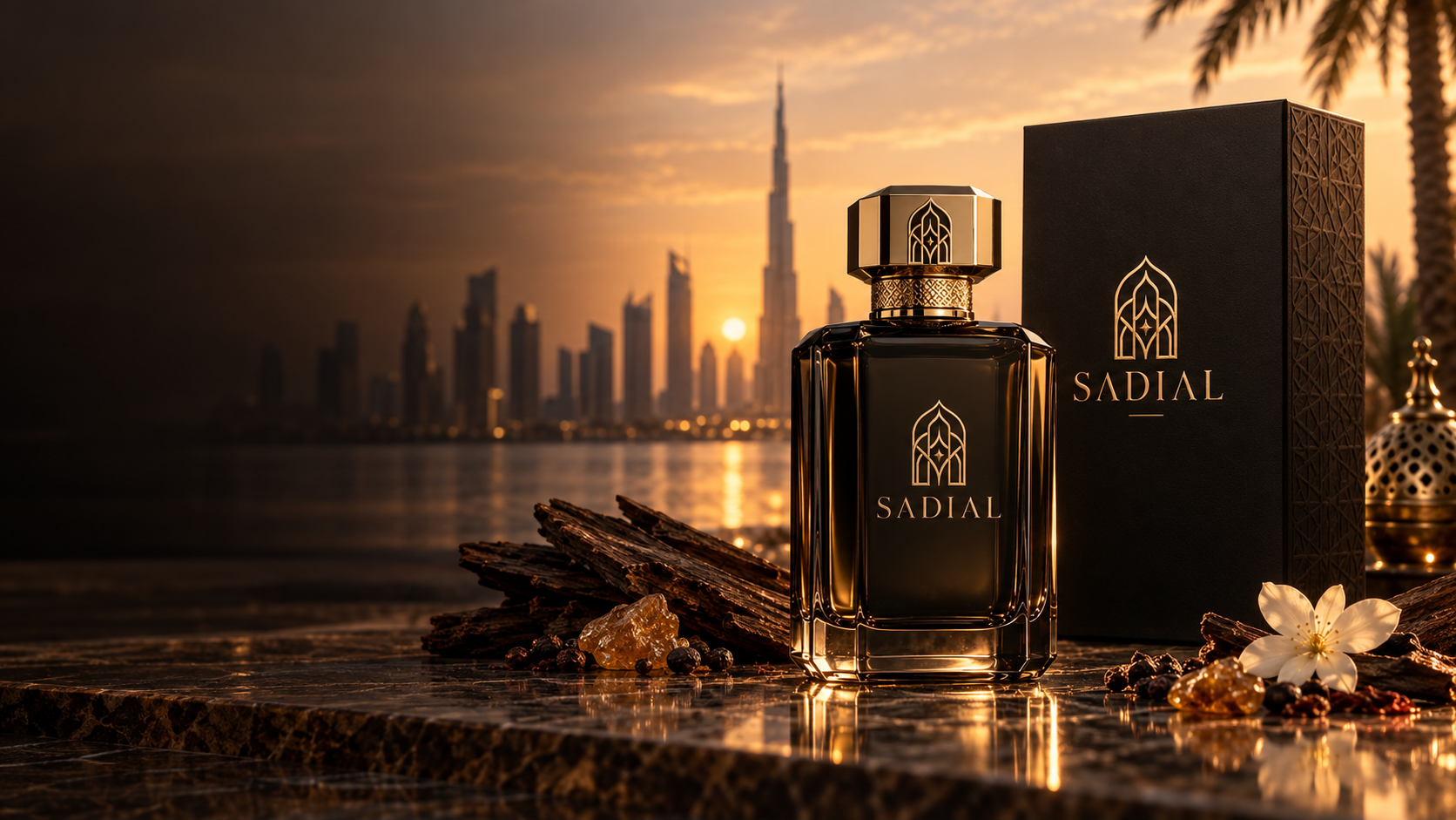 Perfume Sadial em cenário de Dubai ao pôr do sol